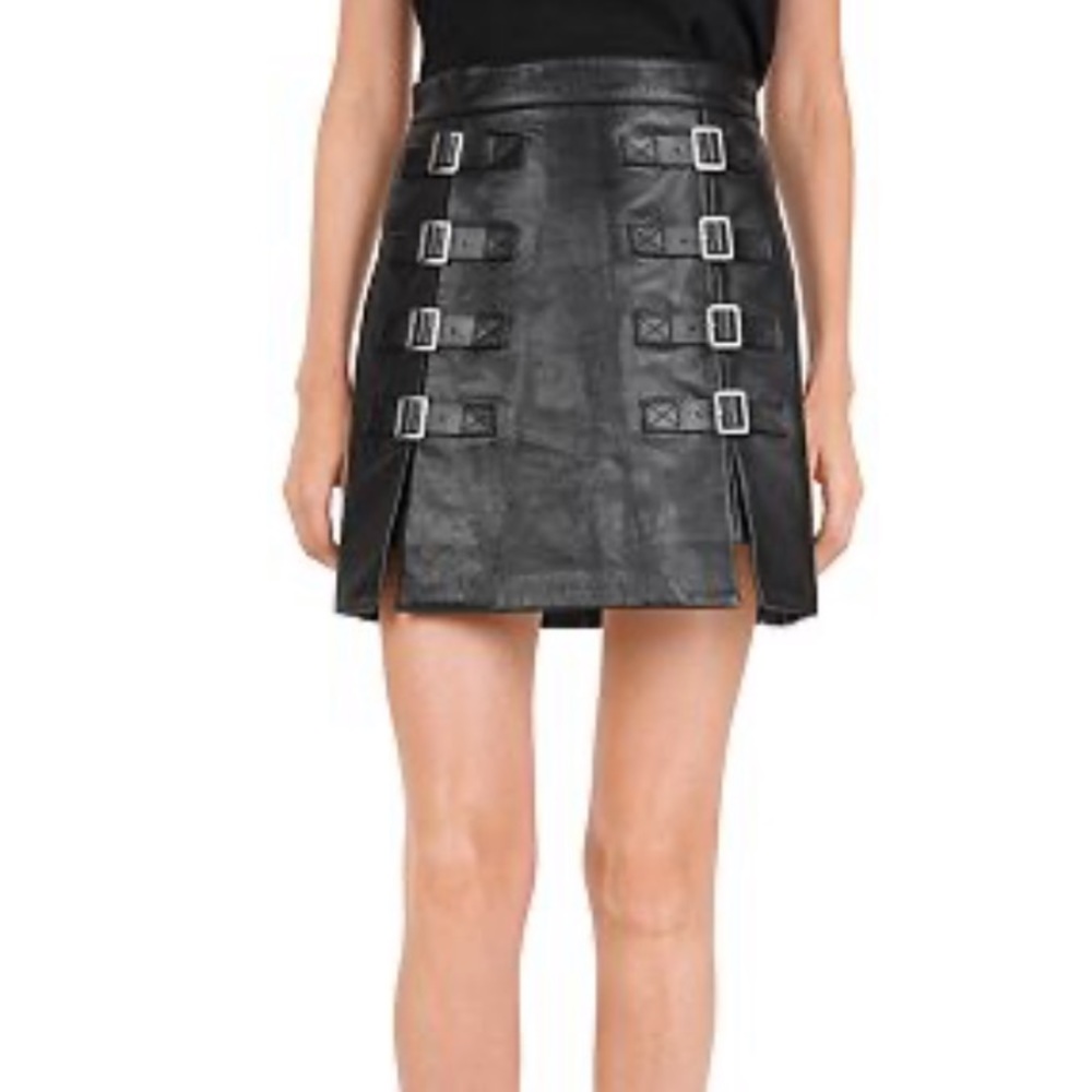 The Kooples 100% Genuine Leather Black Buckle Moto Skirt